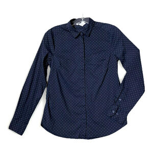 H&M Shirt Women's Sz 0 Navy White Polka Dot Stretch Long Sleeve Button-Up Preppy